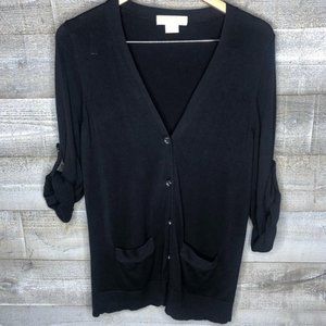 Michael Kors part silk black button up 3/4 sleeve cardigan lightweight sweater